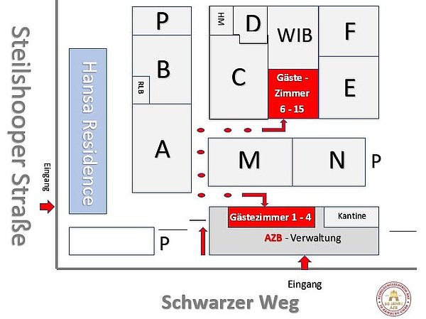 Karte des AZB-Geländes mit Wegweisern zum Internat 